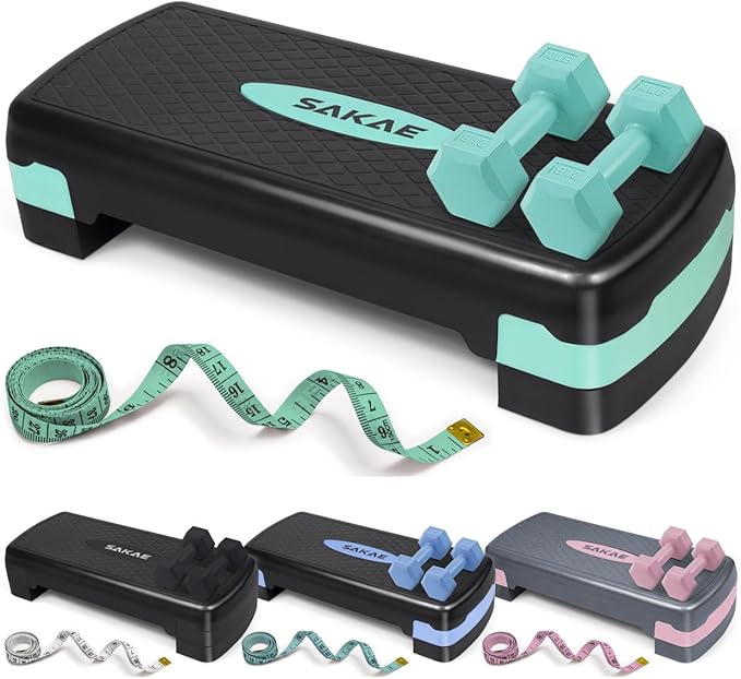 Aerobic Stepper Set with Dumbbells & Measuring Tape, Adjustable Height 2 Level Risers Workout Exercise Step Platform, 4 Colors, the Ultimate Gift for a Joyful Holiday and Merry Christmas