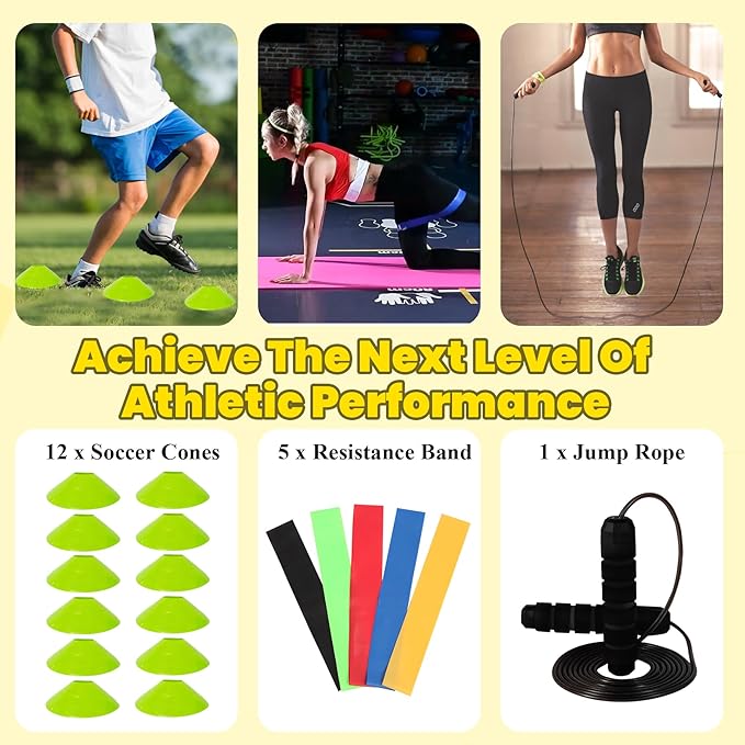 Agility Ladder, Agility Speed Training Set, 20ft 12 Rung Agility Ladder, 4 Agility Hurdles, 5 Resistance Bands, 12 Resistance Cones, Running Parachute, Jump Rope for Athletes, Adults