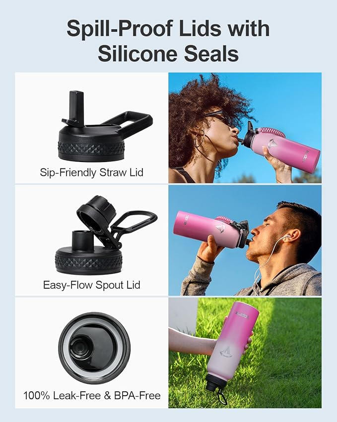 40oz Insulated Water Bottle,Stainless Steel Vacuum Water Bottle, BPA-Free & Leakproof -with Paracord Handle,Strap,Straw Spout Lids,Large Water Jug for Gym Sports