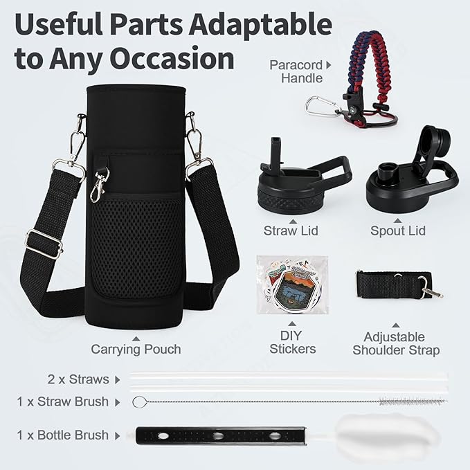 40 oz Insulated Water Bottle with Straw (Cold for 48 Hrs), Stainless Steel Triple Wall Vacuum Sports Water Jug, Leakproof Hydro Cup Flask with Paracord Handle & Straw Spout Lids & DIY Stickers
