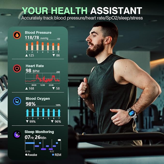 AI Smart Watch, DA GPT AI Waterproof Smartwatch, 1.19-inch AMOLED Display, 24/7 Heart Rate, Blood Oxygen, Blood Pressure, Sleep Monitor, 107 Sports Modes, Compatible Android and iOS Silver Green