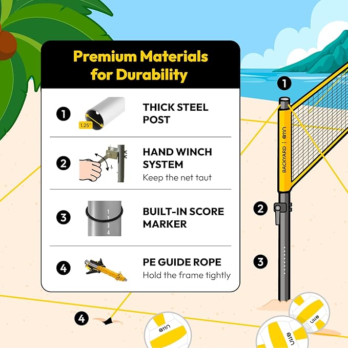 A11N Outdoor Volleyball and Badminton Combo Set - Includes Adjustable Height Anti-Sag Net, Volleyball, Air Pump, 4 Badminton Rackets, 2 Shuttlecocks, Boundary Line Marker, and Carrying Bag