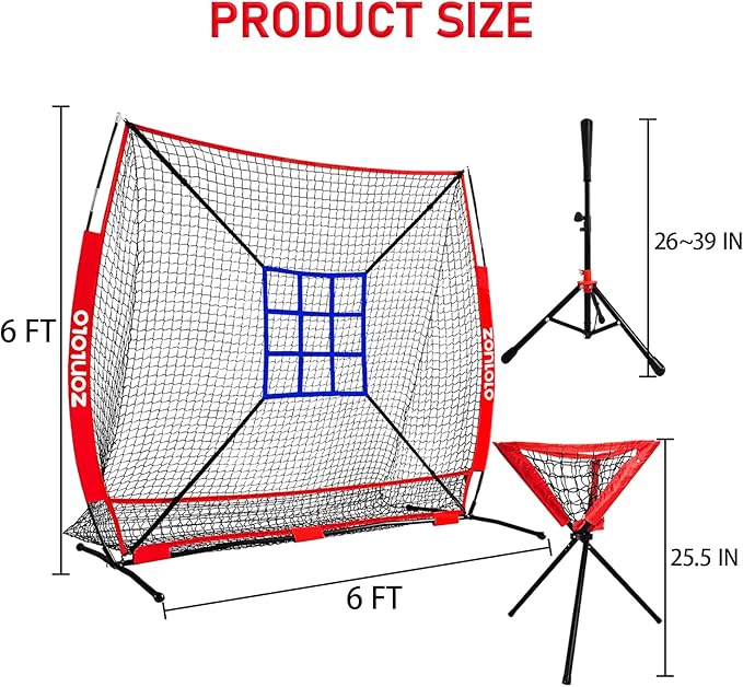 6x6ft Portable Baseball & Softball Net for Hitting，Pitching, Batting and Throwing, with Sturdy Bow Frame,Batting Tee, Ball Caddy and Strike Zone, Middel Size, Great for Kids!