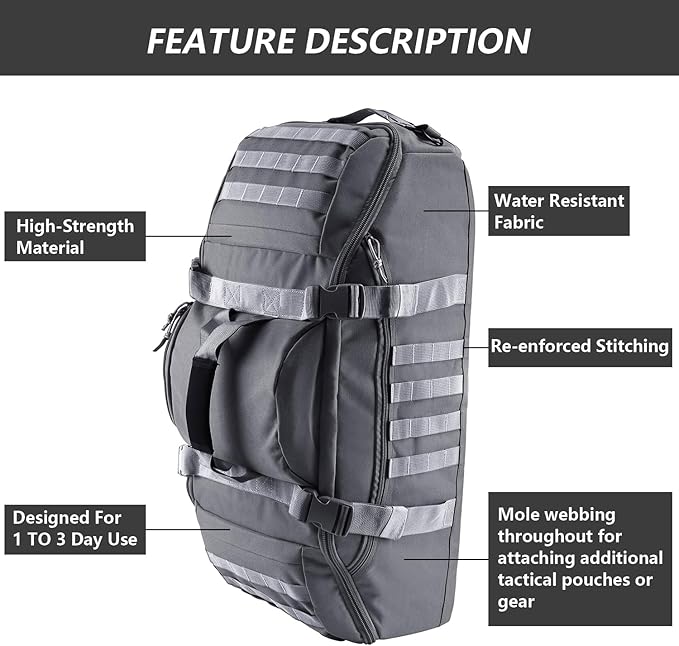 65L Large Duffle Bag, 3-in-1 Tactical Backpack MOLLE Pack for Sports, Gym, Outdoor, Grey