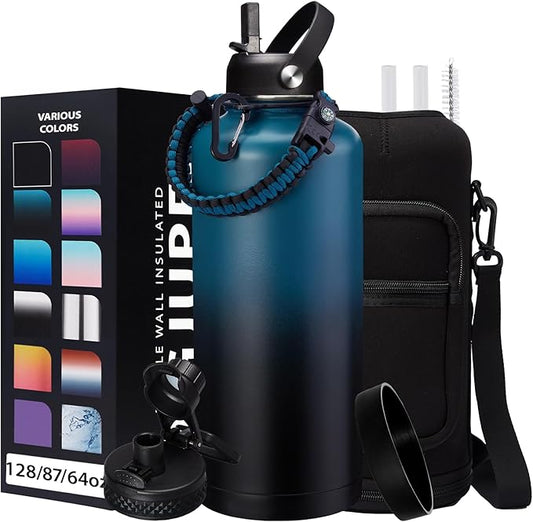 87/128 oz Insulated Water-Bottle with straw - Gallon Water Bottles with Phone Holder, Stainless Steel Water Jug with Strap & Auto Chug Lids, Gym Camping Sport Metal Flask w/Paracord Handle