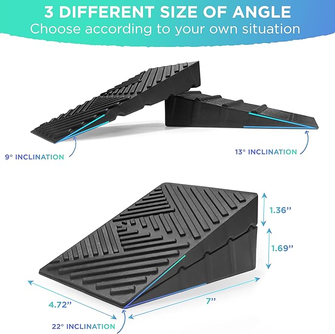 Adjustable Non-Slip Rubber Slant Board for Squats (4PC Squat Wedge Blocks) with 5 Resistance Bands – Heel Elevated Calf Stretcher & Calf Raise Block for Strength Training, Mobility & Balance