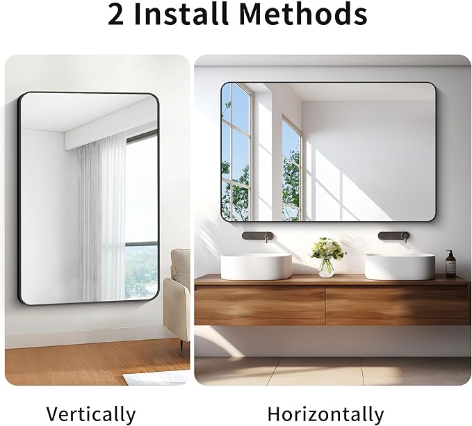 55x36 inch Bathroom Mirror,Black Rectangle Mirror,Wall Mounted Bathroom Frame Vanity Mirror with Round Corner for Bedroom Living Room, Entryway Hangs Horizontal or Vertical