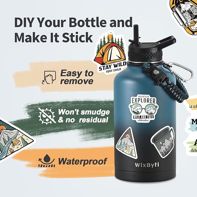 64 oz Insulated Water Bottle with Straw (Cold for 48 Hrs), Half Gallon Stainless Steel Triple Wall Vacuum Sports Water Jug, Leakproof Hydro Cup Flask with Straw Spout Lids & DIY Stickers
