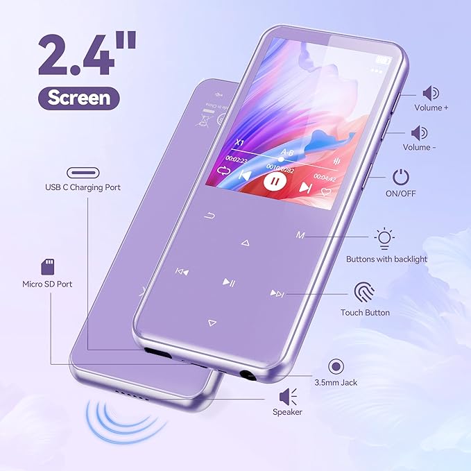 AGPTEK 64GB MP3 Player with Bluetooth, M3 2.4 inch Music Player with Speaker and FM Radio, Touch Buttons, Supports Up to 128GB(Purple)