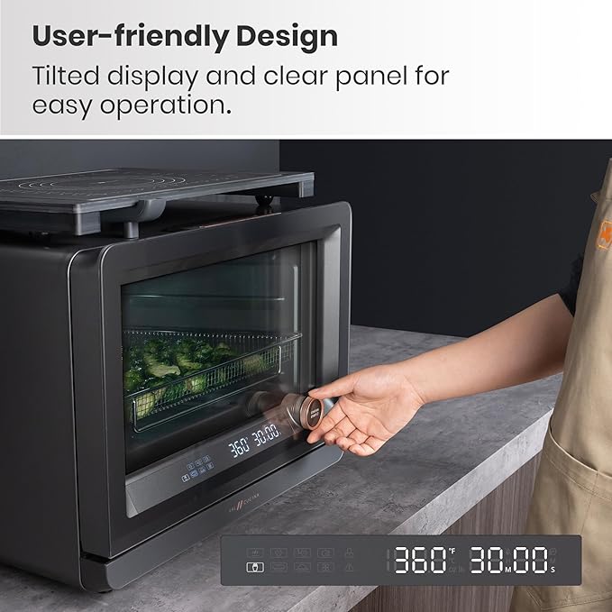 7-in-1 Steam Convection Oven Countertop with Air Fry, Bake, Sous Vide, Ferment, Built-in Recipes | Anti-Scalding, Self Clean, Food-grade Stainless Steel Cavity & Accessories | 1500W (Black)