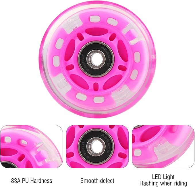 8pcs Inline Skate Wheels Led Light-Up Wheels 64/70/72/76/80mm w/Bushings 85-88A for Kids and Youth Beginners Children's Inline Skates Indoor/Outdoor Use (Pink, 72mm)