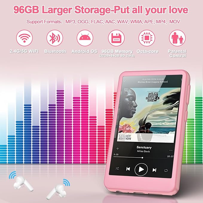 96GB MP3 Player with Bluetooth and WiFi, 4.1" Touch Screen, Silicone Protective case, Octa-core, MP4 MP3 Player for Spotify, Pandora, 96GB Storage Up to 1Tb, Android Music Player for Parental Control