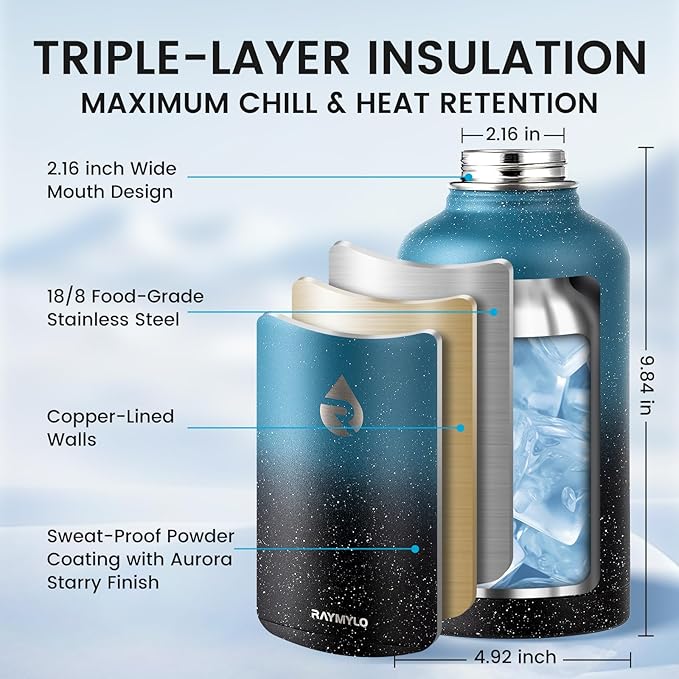 64oz Insulated Water Bottle, Triple Wall Vacuum Stainless Steel Water Bottles - Keeps Cold 48H, Reusable Half Gallon Jug for Gym, Sports, Camping, Hiking,Travel, Midnight Blue Speckle