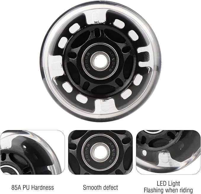 8pcs Inline Skate Wheels Led Light-Up Wheels 64/70/72/76/80mm w/Bushings 85-88A for Kids and Youth Beginners Children's Inline Skates Indoor/Outdoor Use (Black, 72mm)