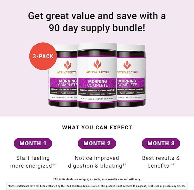 ACTIVATEDYOU Morning Complete Daily Wellness Greens Superfood Drink Mix for Gut Health w/Prebiotics, Probiotics, Antioxidants, Green Superfoods, 10 Billion CFUs (3 Pack, Mixed Berry)