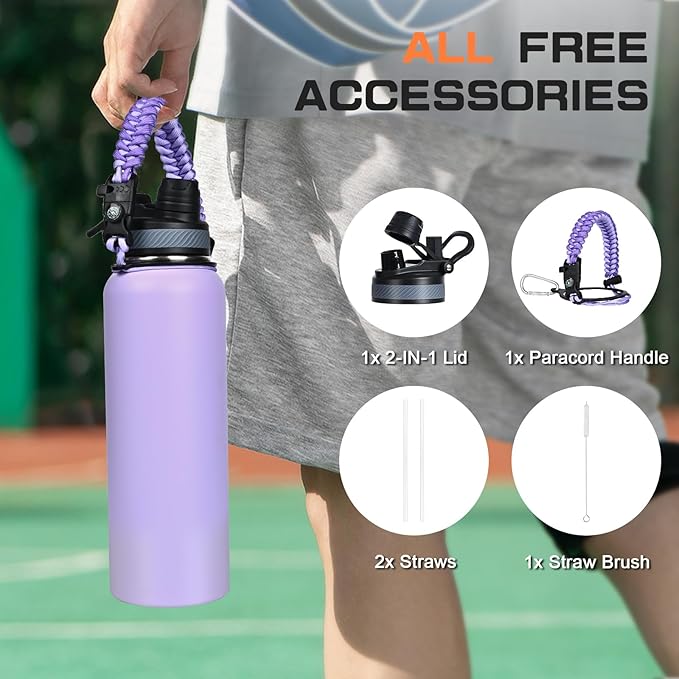 40 oz Insulated Water Bottle with Straw& Spout 2-in-1 Lid, Triple Wall Vacuum Stainless Steel Cold 48H, Leak Proof Sports Metal Flask Jug with Paracord Handle, Purple