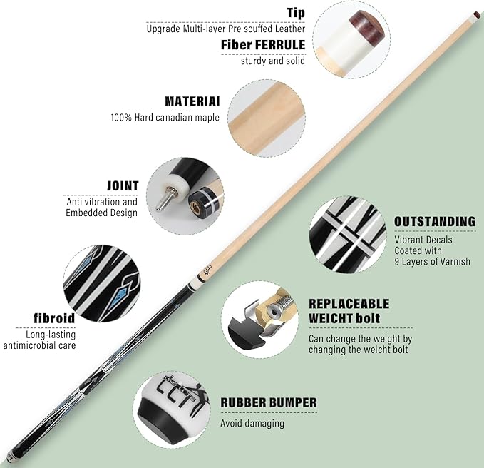 58-Inch Maple Pool Cue Stick, 18oz-21oz ??2-Piece Lightweight Billiard Cue with Leather Case for Home, Bar, and Competitive Use