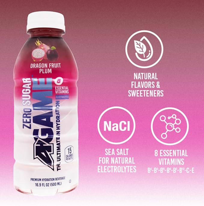 A-GAME Zero Sugar Sports Drink, Dragon Fruit Plum Zero Sugar, The Ultimate Sugar Free Hydration Sports Beverage, 8 Essential Vitamins including B, C, & E plus Sea Salt Electrolytes, All Natural Flavors, Gluten Free & Keto Friendly, 16.9 Fl Oz (Pack of 12)