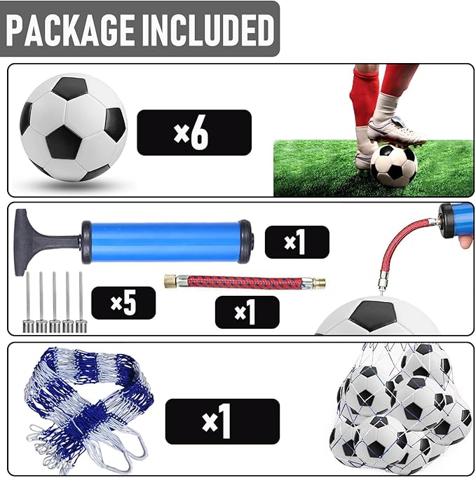 6 Pack Classic Soccer Balls Size 5/4/3 Includes Ball Pump and Net Bag，Soccer Training Ball Practice for Kids and Adults，Competition Soccer for Indoor Outdoor