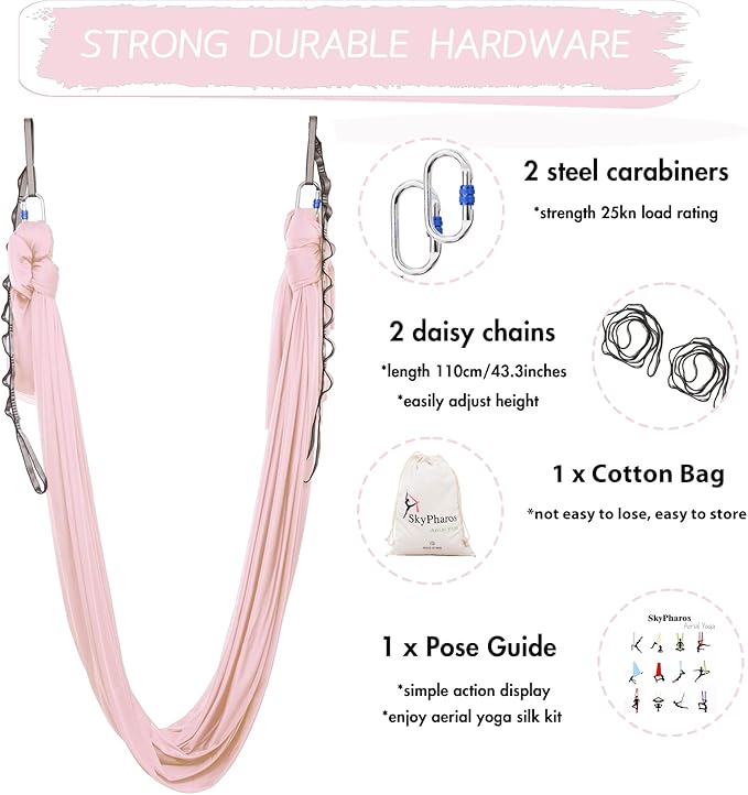 5.5 Yards Aerial Silks Yoga Swing Set - Aerial Yoga Hammock Kit Anti-Gravity Flying for Fitness, Low/Non Stretch Nylon Tricot Fabric Hardware Included for Dance
