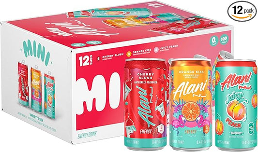 Alani Nu VARIETY PACK (CHERRY SLUSH, JUICY PEACH, ORANGE KISS), Low Calorie Energy Drinks, 100mg Caffeine, Biotin, B Vitamins, Zero Sugar, 10 Calories or Less, 8 Fl Oz Cans, 12 Pack