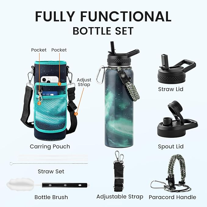 40oz Insulated Water Bottle, Triple Wall Vacuum Stainless Steel Water Bottles - Keeps Cold 48H, Reusable Metal water flask Jug for Gym, Sports, Camping, Hiking,Travel, Northern Lights Green