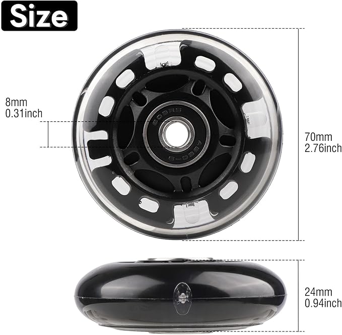 8pcs Inline Skate Wheels Led Light-Up Wheels 64/70/72/76/80mm w/Bushings 85-88A for Kids and Youth Beginners Children's Inline Skates Indoor/Outdoor Use (Black, 70mm)