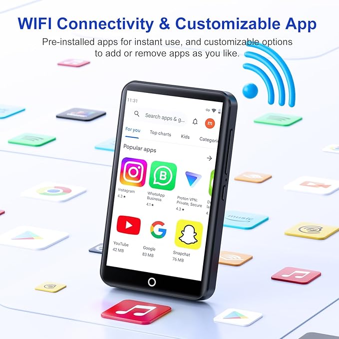 96GB MP3 Player with Bluetooth and WiFi, 4.02" Touchscreen Android Mp4 Mp3 Player with Spotify, Audible, Amazon Music, Deezer, Portable Music Player with Built-in Speaker, FM Radio, E-Book