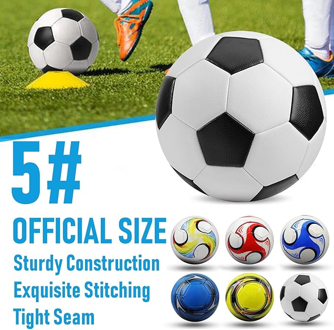6 Pack Classic Soccer Balls Size 5 With Pump and Net Bag - Training and Practice for Kids and Adults, Indoor and Outdoor Competition