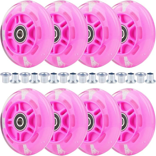 8pcs Inline Skate Wheels Led Light-Up Wheels 64/70/72/76/80mm w/Bushings 85-88A for Kids and Youth Beginners Children's Inline Skates Indoor/Outdoor Use (Pink, 80mm)