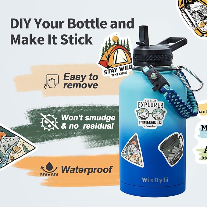 64 oz Insulated Water Bottle with Straw (Cold for 48 Hrs), Half Gallon Stainless Steel Triple Wall Vacuum Sports Water Jug, Leakproof Hydro Cup Flask with Straw Spout Lids & DIY Stickers