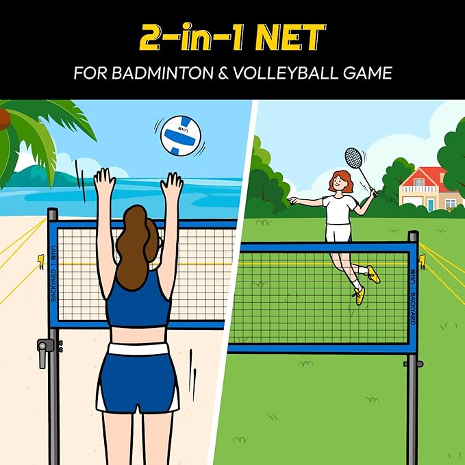 A11N Outdoor Volleyball and Badminton Combo Set - Includes Adjustable Height Anti-Sag Net, Volleyball, Air Pump, 4 Badminton Rackets, 2 Shuttlecocks, Boundary Line Marker, and Carrying Bag