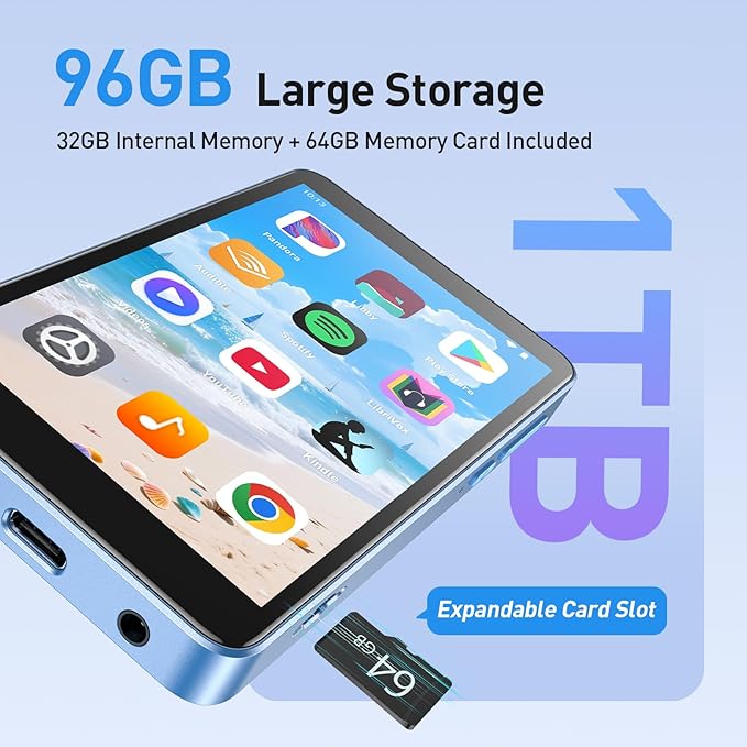 AGPTEK 96GB MP3 Player with Bluetooth and WiFi, T08X 4'' Android 14 MP4 Music Player with Spotify, Audible, APP Store, Up to 1TB, Blue