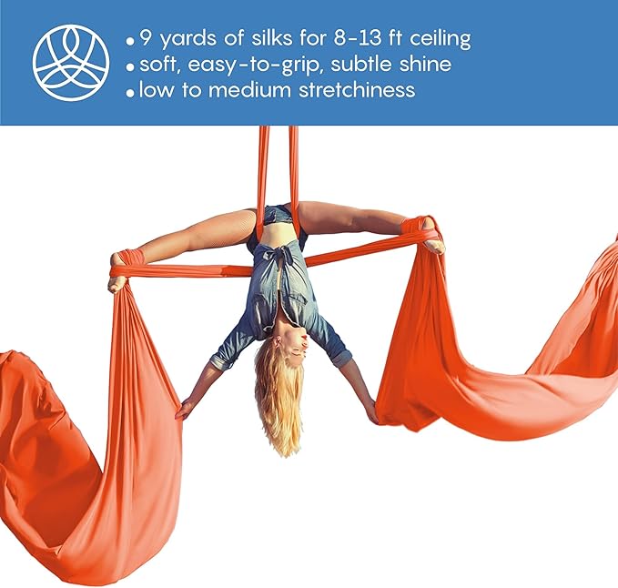 Aerial Silks Starter Kit - Durable 9 Yards of Aerial Yoga Hammock with Hardware & Guide - Aerial Swing for Acrobatic Flying Yoga & All Levels (Aerial Rigging Point Up to 13ft)