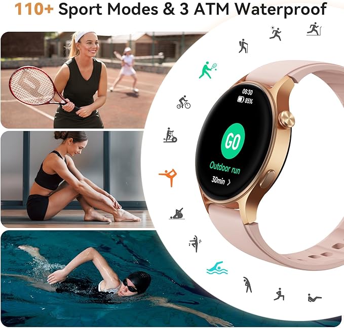 aeac Smart Watch for Women, 1.32'' AMOLED Ultra-Clear Screen Activity Trackers with Heart Rate/Sleep/SpO2 Monitor, Smartwatch for iPhone/Samsung/Android, 110+ Sport Modes Waterproof Fitness Watch