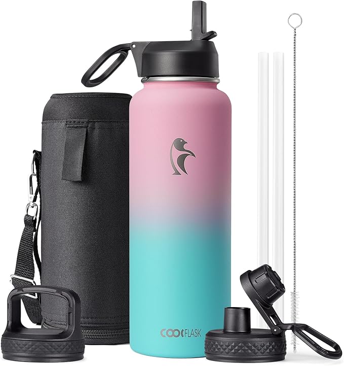 40 oz Insulated Water Bottle with Straw&3 Lids, Coolflask Stainless Steel Metal flask Wide Mouth for Sports or Office, Non-BPA Keep Cold Up to 48 Hrs or Hot Up to 24 Hrs, Bubblegum Princess