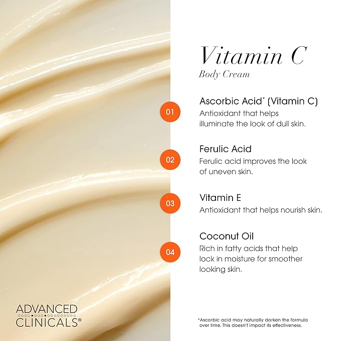 Advanced Clinicals Vitamin C Cream Visibly Brightening Body Lotion | Vitamin C Moisturizer Skin Care Body Cream For Women & Men Visibly Improves Look Of Dark Spots & Uneven Skin Tone, W/Travel Size