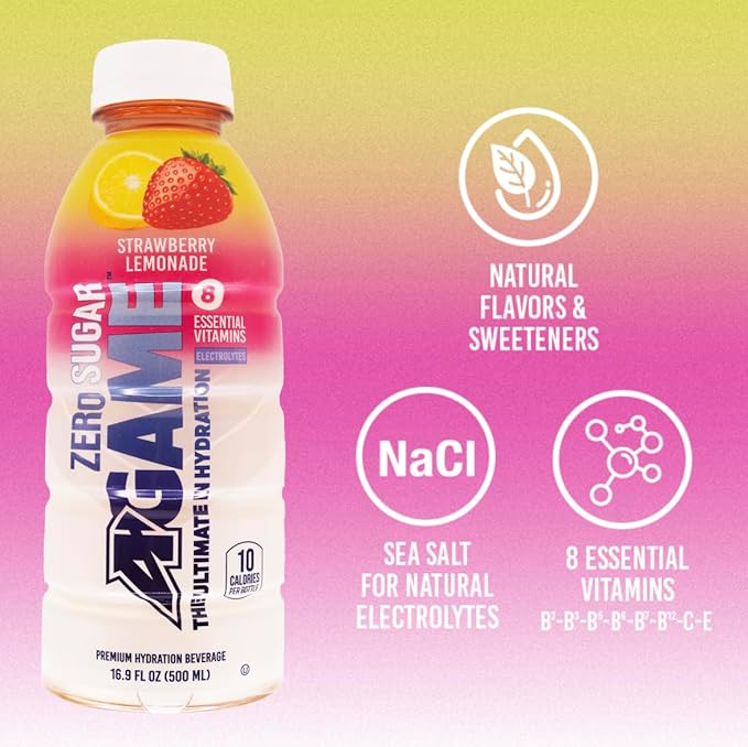 A-Game Zero Sugar Sports Drink, Strawberry Lemonade Zero, Sugar Free Hydration Sports Beverage, 8 Vitamins Plus Electrolytes, Natural Flavors, Gluten Free & Keto Friendly, 16.9 Fl Oz (Pack of 12)