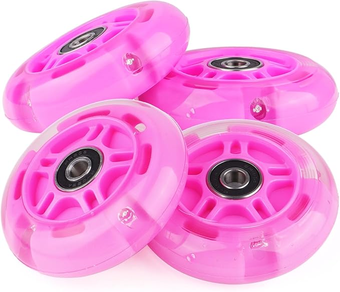8pcs Inline Skate Wheels Led Light-Up Wheels 64/70/72/76/80mm w/Bushings 85-88A for Kids and Youth Beginners Children's Inline Skates Indoor/Outdoor Use (Pink, 80mm)