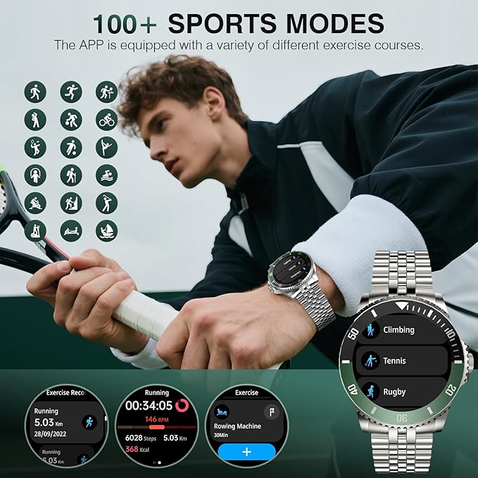 AI Smart Watch, DA GPT AI Waterproof Smartwatch, 1.19-inch AMOLED Display, 24/7 Heart Rate, Blood Oxygen, Blood Pressure, Sleep Monitor, 107 Sports Modes, Compatible Android and iOS Silver Green