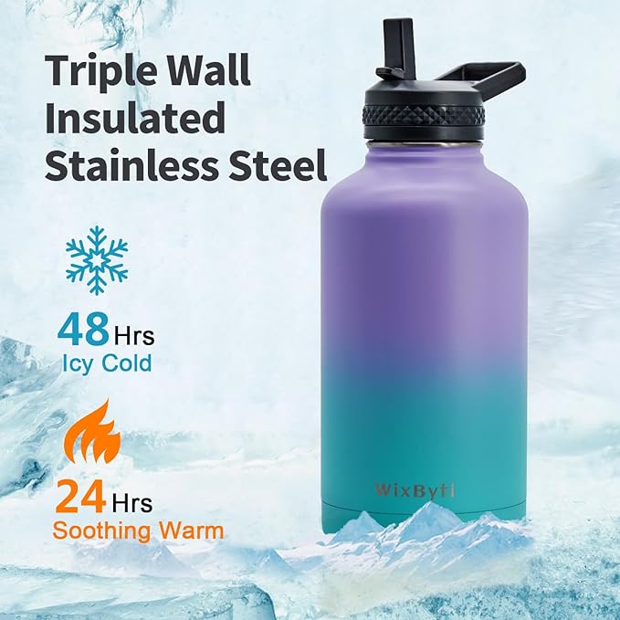 64 oz Insulated Water Bottle with Straw (Cold for 48 Hrs), Half Gallon Stainless Steel Triple Wall Vacuum Sports Water Jug, Leakproof Hydro Cup Flask with Straw Spout Lids & DIY Stickers