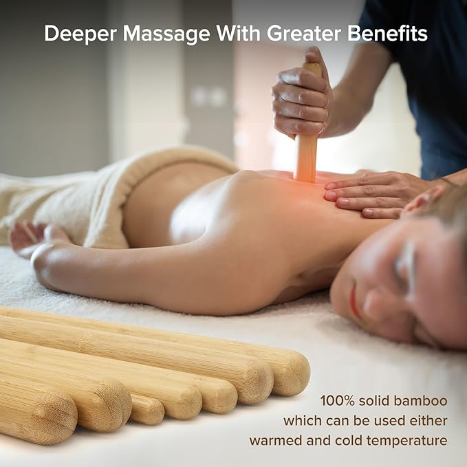 4PCS Solid Bamboo Massage Sticks & Guasha Set with Roller/Stick - 100% Bamboo Therapy Tools for Neck/Arm/Back/Legs/Full Body, Deep Tissue Massage, Muscle Relaxation, Body Shaping, Fatigue Relief