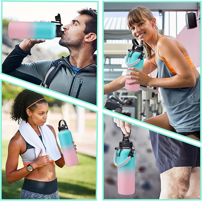 40 oz Insulated Water Bottle - Stainless Steel Water Bottles with Straw & Spout Lids, Paracord Handle, Carrier Bag, Protective Cup Mat, Keep Cold-48H & Hot-12H Metal Water Flask