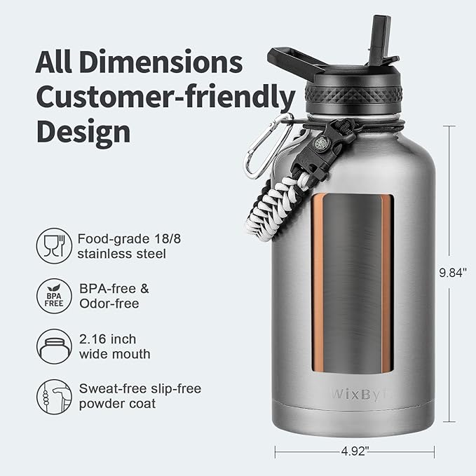 64 oz Insulated Water Bottle with Straw (Cold for 48 Hrs), Half Gallon Stainless Steel Triple Wall Vacuum Sports Water Jug, Leakproof Hydro Cup Flask with Straw Spout Lids & DIY Stickers