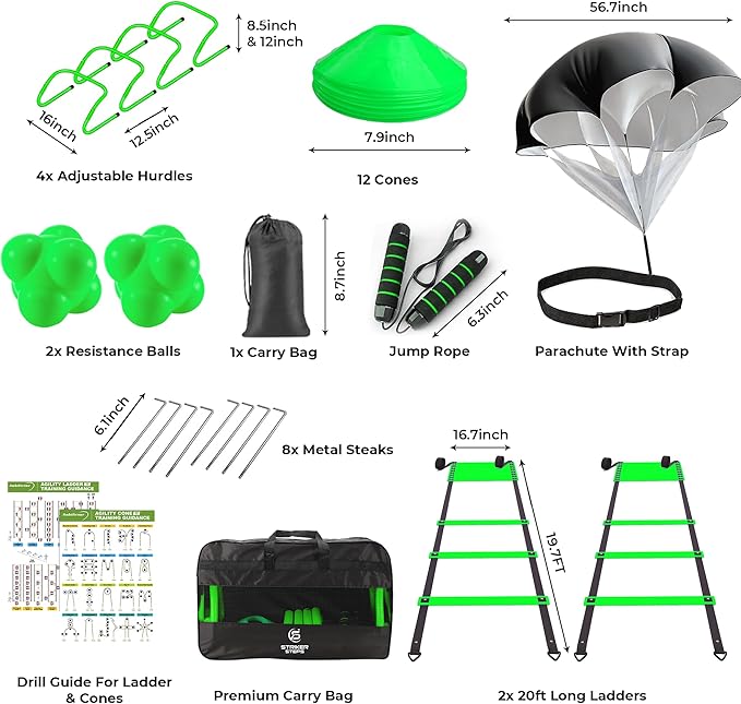 Agility Ladder Speed Training Equipment Set-2x 20ft Agility Ladder,12 Soccer Cones,4 Adjustable Hurdles, Jump Rope, Running Parachute| Basketball Football Soccer Training Equipment for Kids Adults