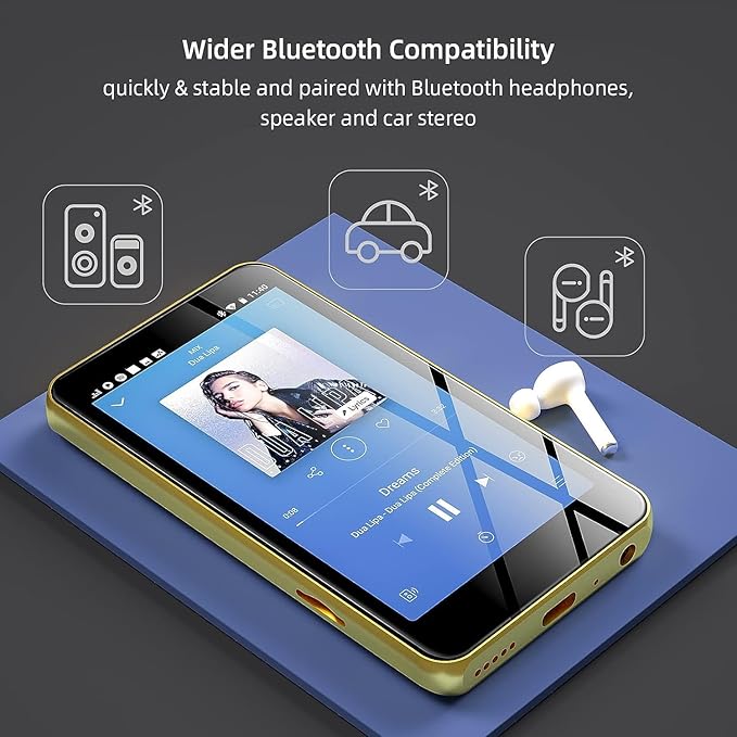 80GB MP3 Player with Bluetooth and WiFi, MP4 MP3 Player with Spotify,Spotify Kids，4" Full Touch Screen with Pandora, Music Player with Audible，Android MP3 with Speaker (Gold_Black)