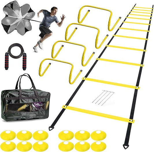 Agility Ladder Speed Agility Training Equipment,1 Agility Ladder 20ft,4 Hurdles,Training Soccer Cones,Jump Rope,Running Parachute, Agility Training Equipment for Kids Youth Adul