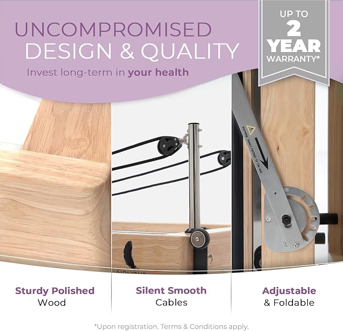 Airlithe Foldable Pilates Reformer Machine|Wooden Frame Reformer Machine with Strings, Versatile Accessories & 50+ Expert-Guided Workouts|Equipment for Strength Training, Rehabilitation, & Flexibility