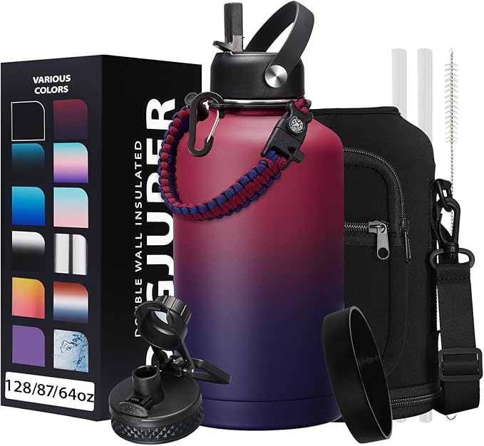 64OZ Vacuum Insulated Water Bottle - Keep Hot Cold Vacuum Flasks with Straw & Spout Lids, Paracord Handle, Water Bottler Carrier Holder & Protective Cup Mat, 1.8L Stainless Steel Water Jug