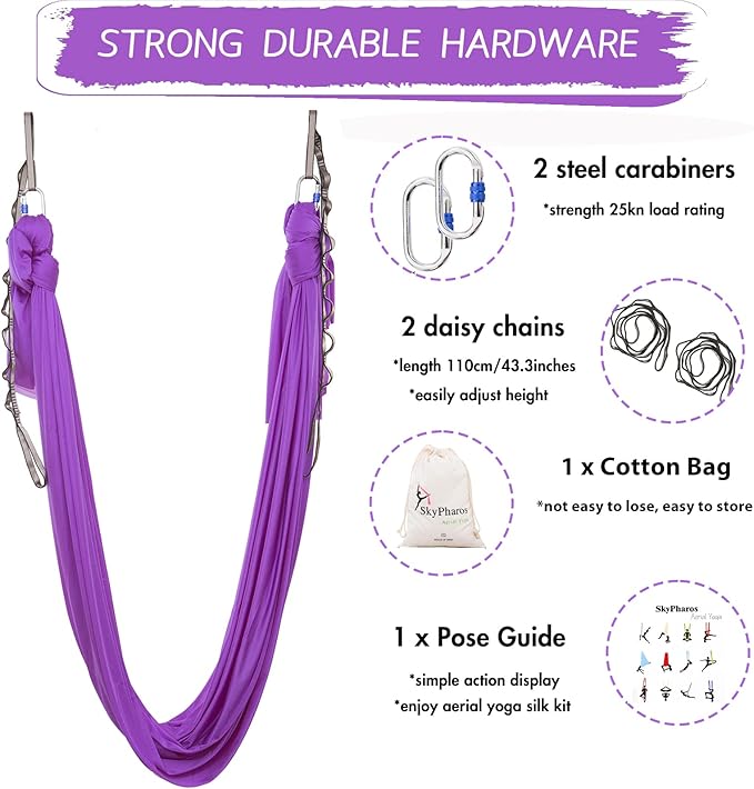 5.5 Yards Aerial Silks Yoga Swing Set - Aerial Yoga Hammock Kit Anti-Gravity Flying for Fitness, Low/Non Stretch Nylon Tricot Fabric Hardware Included for Dance